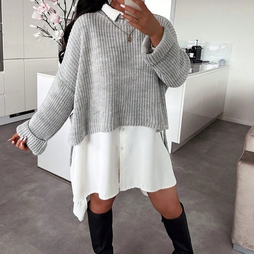 Grey Casual Women's Minimalist Long Split Sweater Top - Picture 2 of 9